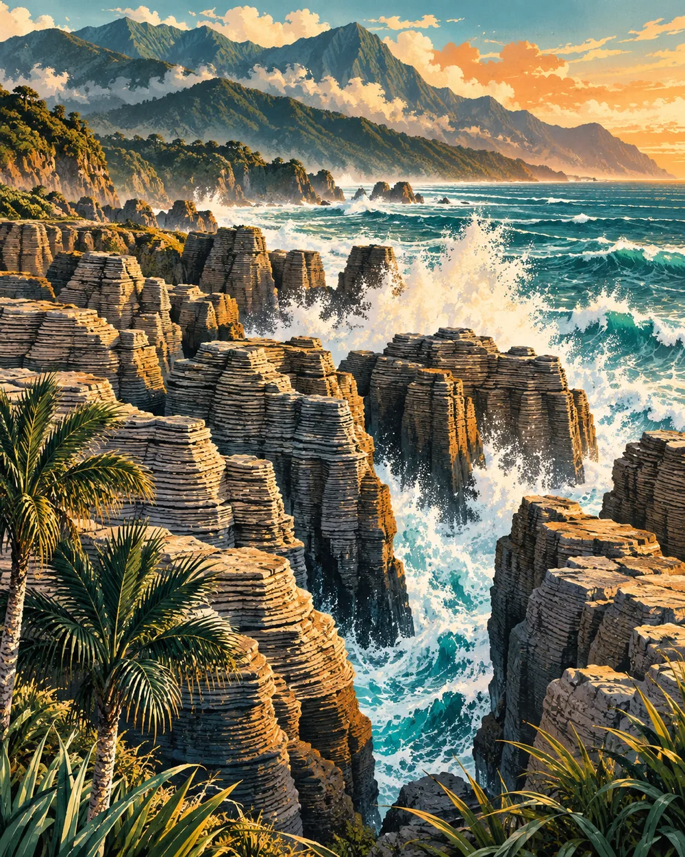 PUNAKAIKI / 千层岩旅行主题插画
