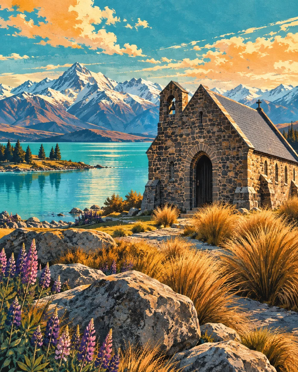 LAKE TEKAPO / 蒂卡波旅行主题插画