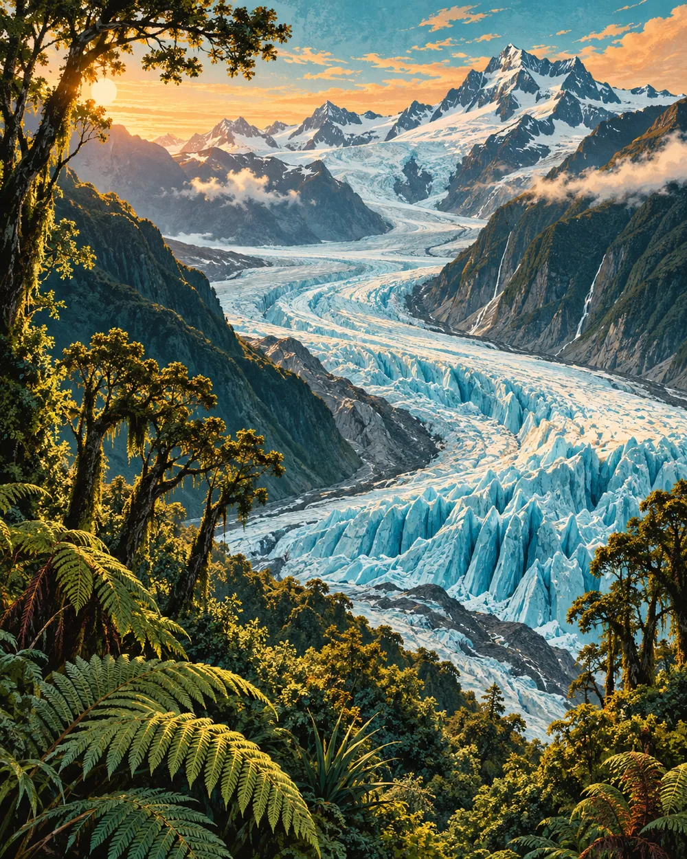 FOX GLACIER / 福克斯冰川旅行主题插画